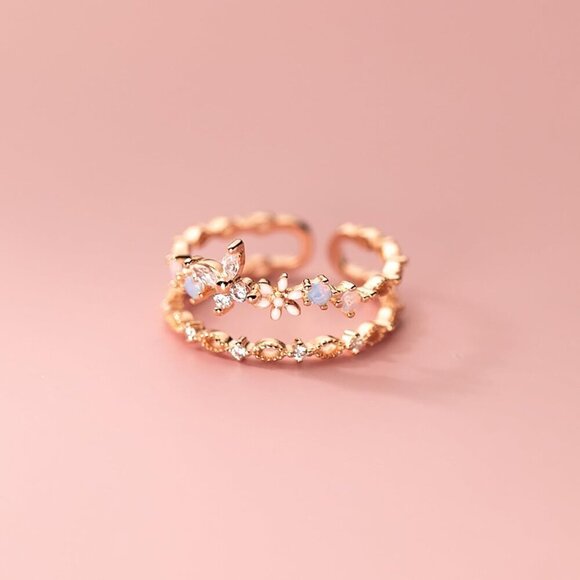 Sterling Silver Butterfly Daisy Ring 14K Gold Plated Colorful Opal CZ Fashion - Picture 6 of 6